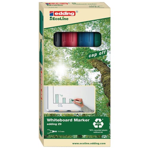 edding Whiteboardpenna 29 EcoLine snedskuren spets 1–5 mm linjebredd olika färger: Svart blå röd grön 4-pack