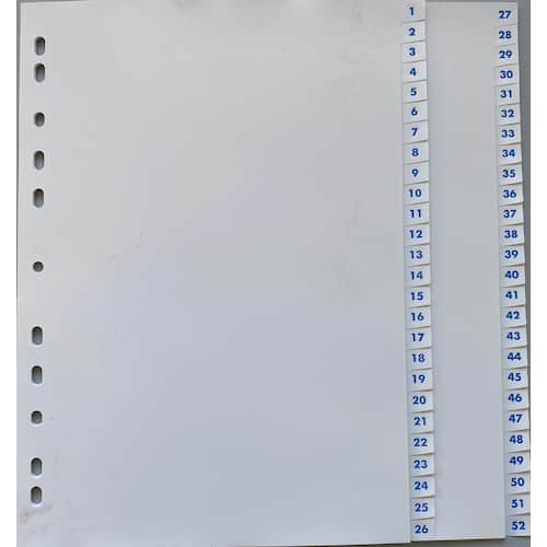 Plastregister A4 PP 1-52 vit med blå siffror