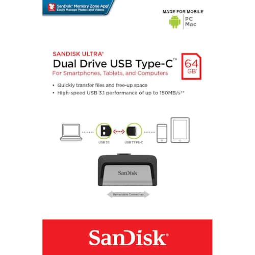 SanDisk USB-Minne Ultra Dual USB typ C-flashenhet på 64 GB svart/silver