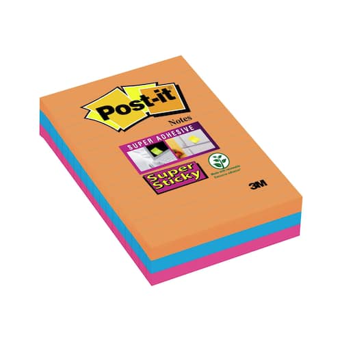 Post-it® Super Sticky linjerade notislappar 101 x 152 mm ultra ultrablå och neonorange förpackning med 3 90 blad