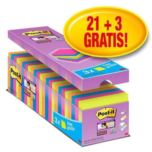 Post-it® Super Sticky-notislappar 76 x 76 mm olika färger förpackning med 24 block 90 ark