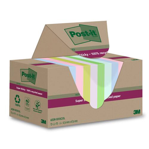 Post-it® Notes Super Sticky 47,6×47,6mm Recycled sorterade färger