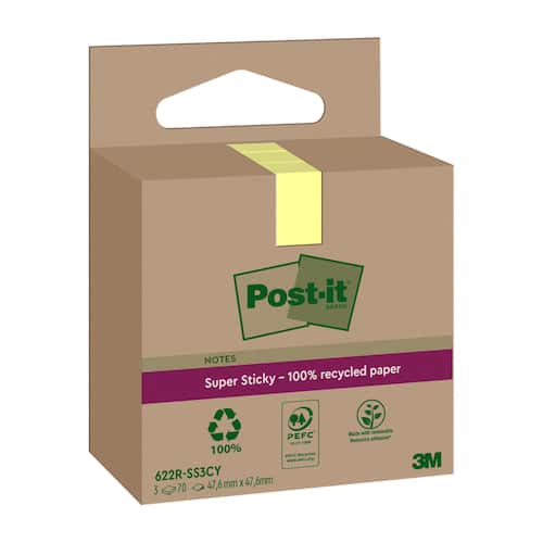 Post-it® Notes Super Sticky 47,6×47,6mm Recycled gul