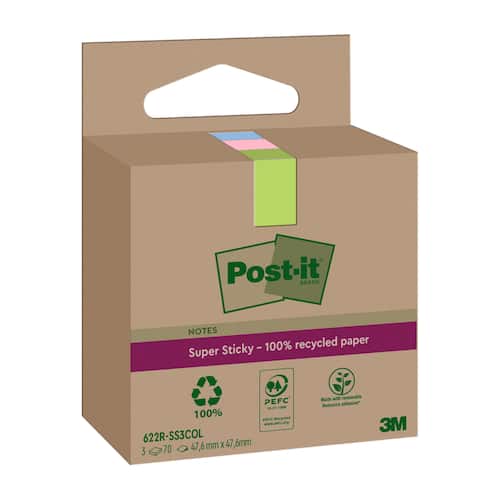 Post-it® Notes Super Sticky 47,6×47,6mm Recycled sorterade färger