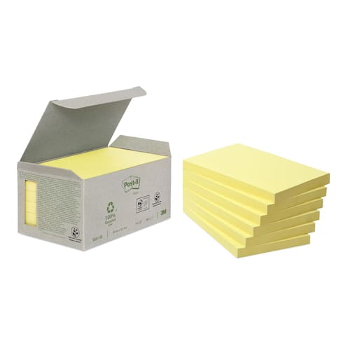 Post-it® Mini Tower-förpackning med återvunna Sticky Notes-notislappar 76 x 127 mm gula 100 ark