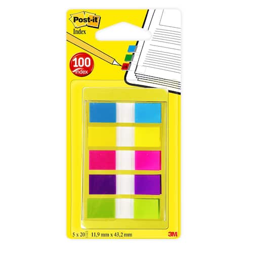 Post-it® Indexflikar små 11,9 x 43,1 mm olika färger 5 x förpackningar med 20 med hållare