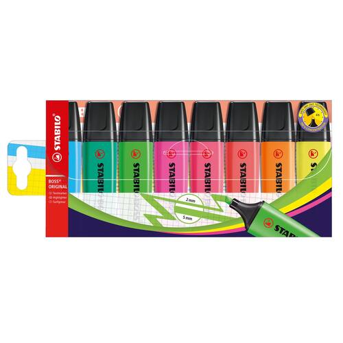 STABILO Överstrykningspenna BOSS® ORIGINAL olika fluorescerande färger snedskuren spets 2 + 5 mm 8 stycken i en plastförpackning 70/8