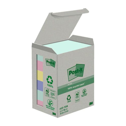 Post-it® Notes 100% recycled 38x51mm sorterade färger
