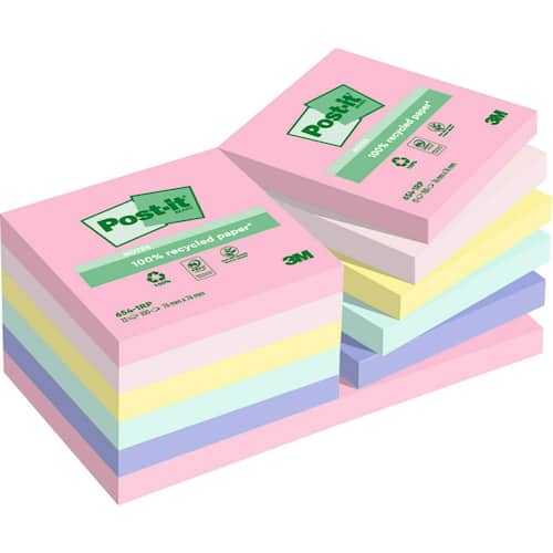 Post-it® Notes 100% recycled 76x76mm sorterade färger