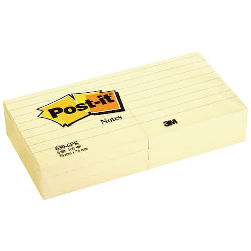 Post-it® Notislappar linjerade 76 x 76 mm Canary Yellow™ 100 blad 630-6PK