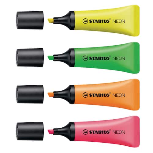 STABILO Överstrykningspenna NEON olika fluorescerande färger snedskuren spets 2 + 5 mm 4 stycken i en nätpåse 72/4-1