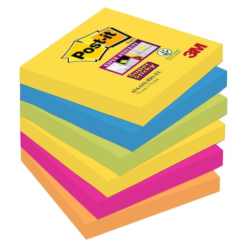 Post-it® Super Sticky-notislappar 76 x 76 mm olika neon- och ultrafärger förpackning med 6 90 ark