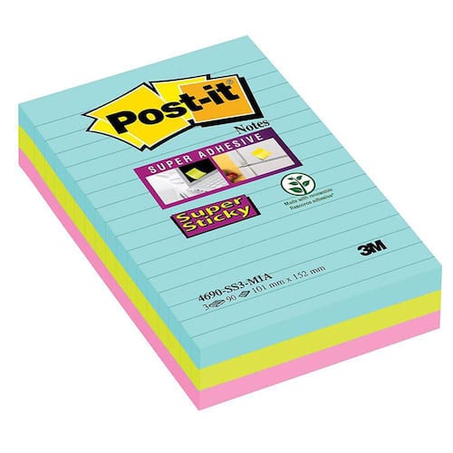 Post-it® Super Sticky Notes Haftnotizen Miami, liniert, 101x152mm, 90 Blatt pro Block, 3 Blöcke, 1 Packung Artikelbild