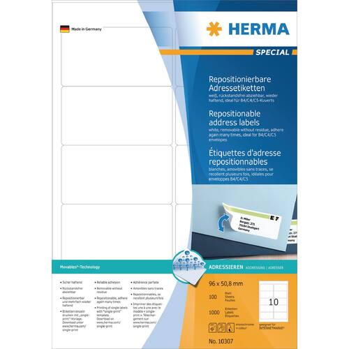 Herma Adressetiketten Movables, wiederablösbar, A4, weiß, 96x50,8mm, 1000 Stück Artikelbild Secondary1 L
