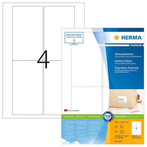 Herma Adressetiketten Premium, A4, weiß, 78,7x139,7mm, 400 Stück Artikelbild