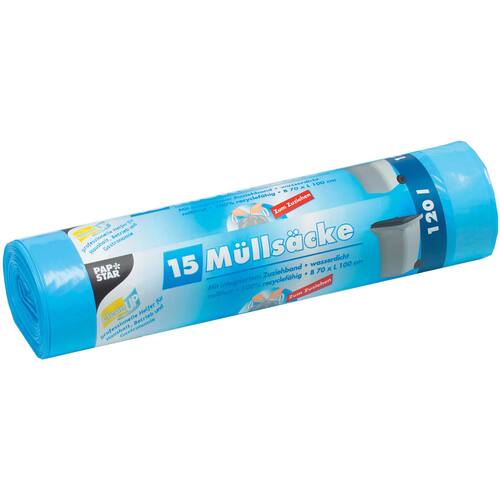 PAPSTAR Müllbeutel mit Zugband, Abfallbeutel, Müllsack, Mistsack, 120 Liter, blau, 15 Stück Artikelbild