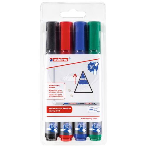edding Whiteboardmarker 363, Boardmarker, Flipchartmarker, 1-5 mm, Keilspitze, farblich sortiert, 4er-Set, 1 Packung Artikelbild