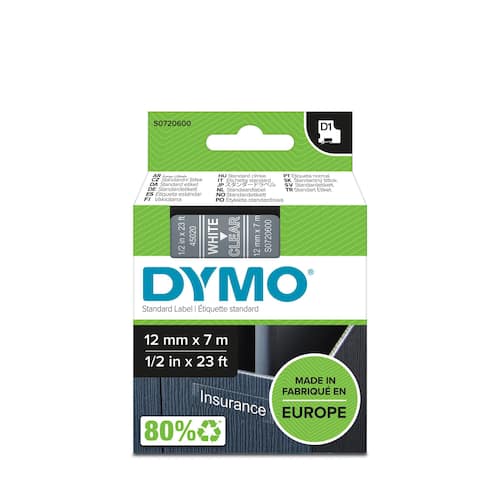 Dymo D1 Standardetiketten, Schriftbandkassette, 12mm, weiß auf farblos, 1 Stück Artikelbild Secondary1 L
