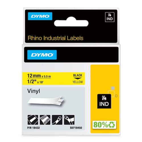 Dymo Tape Rhino vinyl 12mm x5,5m svart på gul produktfoto Secondary1 L