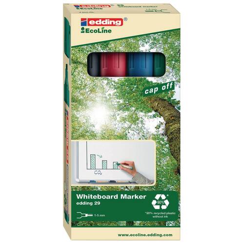 edding Boardmarker 29 EcoLine, Whiteboardmarker, Flipchartmarker, 1,5-3 mm, Keilspitze, farblich sortiert, 4er-Set, 1 Packung Artikelbild