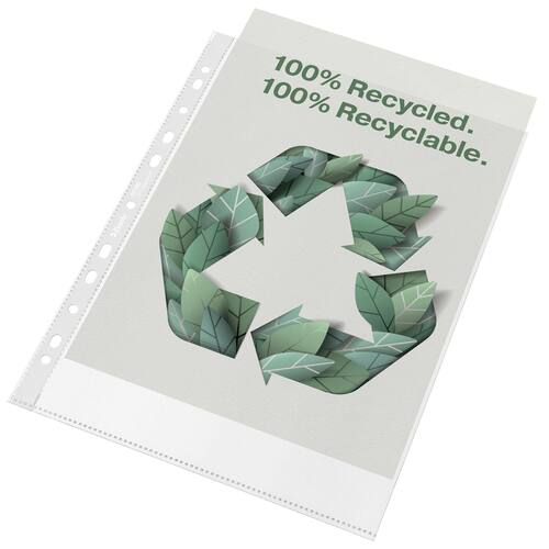 Esselte Prospekthülle recycled, Klarsichtfolie, Klarsichthülle, oben offen, PP (RC), genarbt, Universallochung, A4, transparent, 100 Stück pro Packung, 1 Packung Artikelbild
