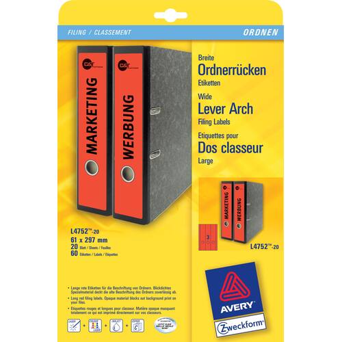 AVERY Zweckform Ordneretiketten, Rückenschilder, breit, 297x61mm, Rot, 60 Stück Artikelbild