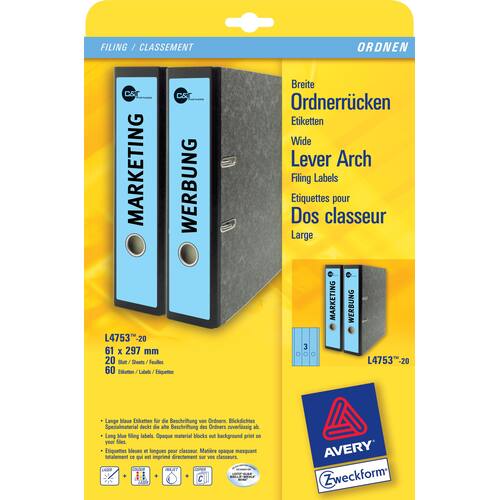 AVERY Zweckform Ordneretiketten L4753-20, Rückenschilder für Ordner, selbstklebend, 61x297mm, Blau, 20 Blatt, 60 Etiketten Artikelbild