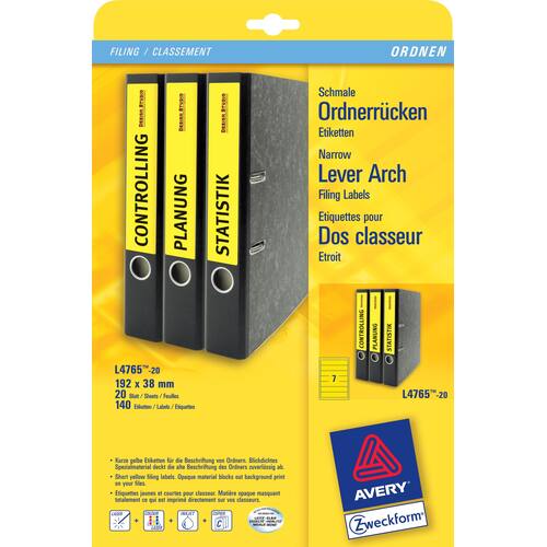 AVERY Zweckform Ordneretiketten, Rückenschilder für Ordner, selbstklebend, 38x192mm, gelb, 7 Etiketten pro Blatt, 20 Blatt Artikelbild