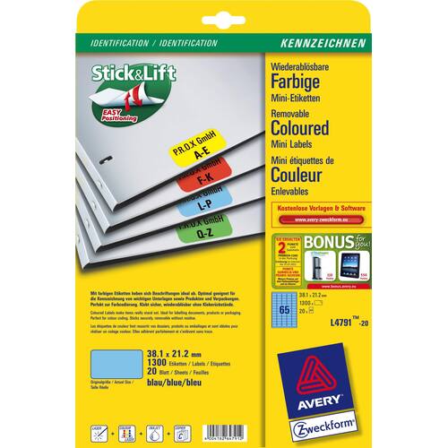 Avery Etiketten Mini, Stick&Lift, blau, 38,1x21,2mm, 1300 Stück Artikelbild