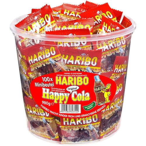 HARIBO Happy Cola Fruchtgummi 100 Minibeutel in der Dose, 980g Artikelbild