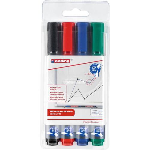 edding Whiteboard-Marker 360, Boardmarker, Flipchartmarker, 1,5-3 mm, Rundspitze, farblich sortiert, 4er-Set, 1 Packung Artikelbild