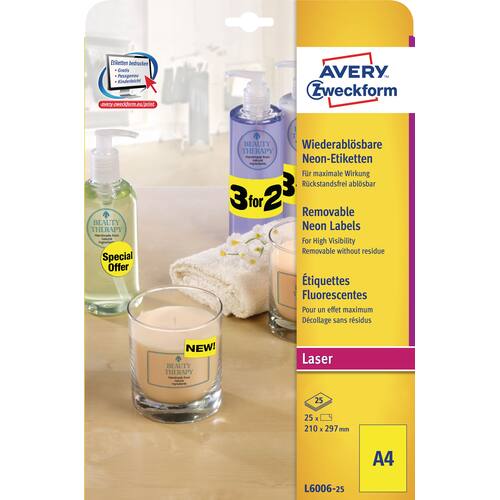 Avery Etiketten für Laserdrucker und Kopierer, 25 Blatt, A4, neongelb, 210x297mm, 25 Stück Artikelbild Secondary1 L