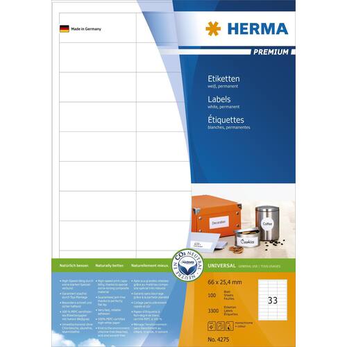 Herma Inkjet-, Laser- und Kopieretiketten, A4-Bogen, weiß, 66x25,4mm, 3300 Stück Artikelbild Secondary3 L