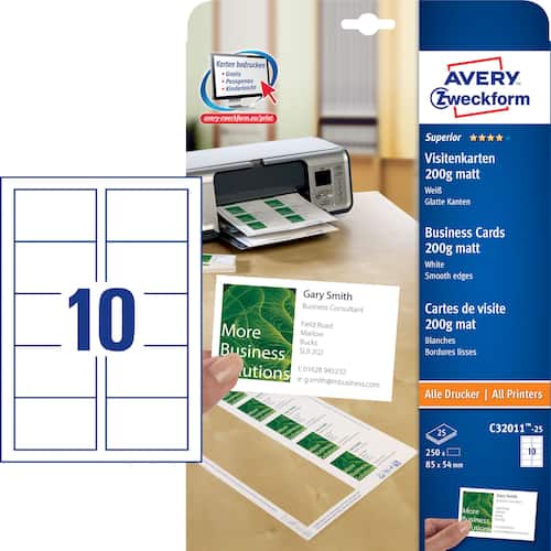 Avery Visitenkarten Superior Quick&Clean™ 85x54mm, 200g, matt, weiß, 10 Karten pro Blatt, 25 Blatt Artikelbild