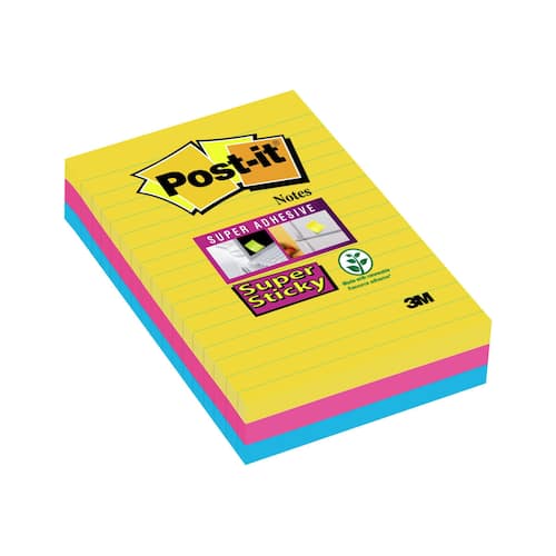 Post-it® Super Sticky-notislappar, 101 x 152 mm, olika ultrafärger, förpackning med 3, 90 lappar produktfoto
