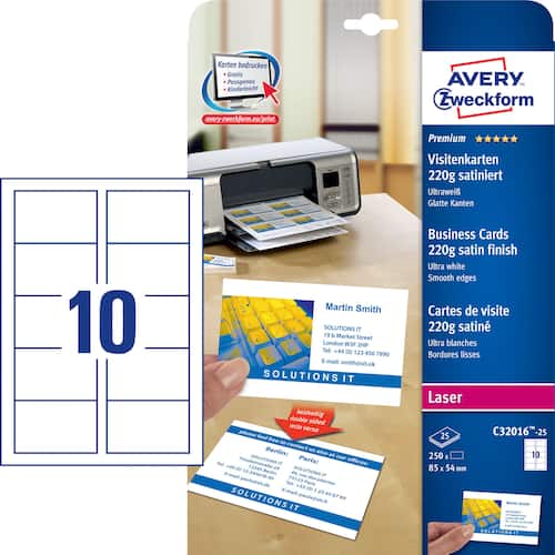 Avery Visitenkarten Premium Quick&Clean™ 85x54mm, 220g, satiniert, weiß, 10 Karten pro Blatt, 25 Blatt Artikelbild