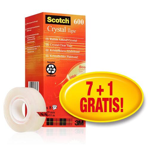 Scotch® Klebeband Crystal 600 SPAR-PACK, 7 + 1 GRATIS, selbstklebend, permanent, 19mmx33m, transparent, 8 Rollen pro Packung Artikelbild