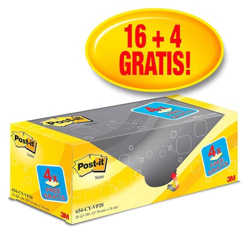 Post-it® Haftnotizen SPAR-PACK: 16 + 4 GRATIS, Klebenotizen, 76 x 76 mm, gelb, 1 Set Artikelbild