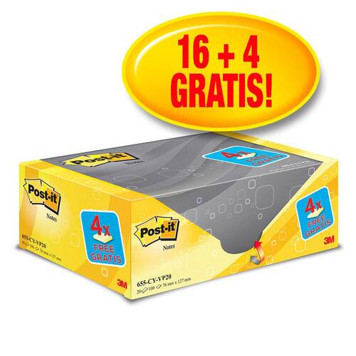 Post-it® Haftnotizen SPAR-PACK: 16 + 4 GRATIS, Klebenotizen, pastellgelb, 76x127 mm, 20 Blöcke x 100 Blatt Artikelbild