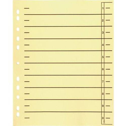 Trennblätter A4, 1-0, Karton (RC), 230g/m², 11fach Lochung, gelb, 100 Stück pro Packung Artikelbild