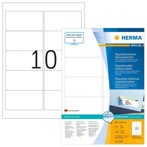 Herma Adressetiketten Movables, wiederablösbar, A4, weiß, 96x50,8mm, 1000 Stück Artikelbild