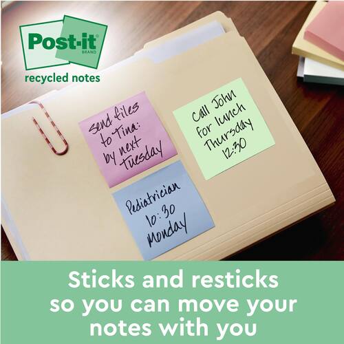 Post-it® Notes Super Sticky 76x76mm Recycled sorterade färger produktfoto Secondary1 L