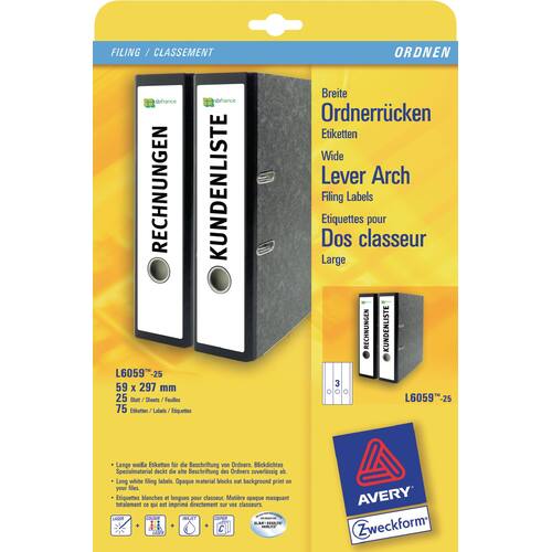 AVERY Zweckform Rückenschilder für Ordner, selbstklebend, 59 x 297 mm, weiß, A4, 75 Stück, 1 Packung Artikelbild