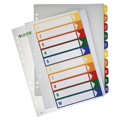 Leitz Register, 1-10, farbig, PC-beschriftbar, PP, A4, volle Höhe, überbreit, 10 Blatt, grau, 1 Packung Artikelbild