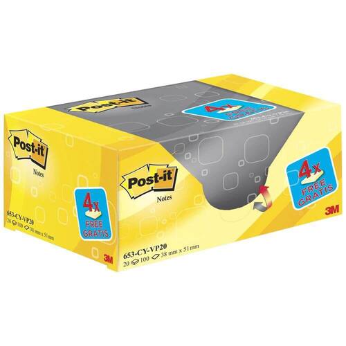 Post-it® Haftnotizen SPAR-PACK: 16 + 4 GRATIS, Klebenotizen, pastellgelb, 38 x 51 mm, 20 Blöcke x 100 Blatt Artikelbild Secondary1 L