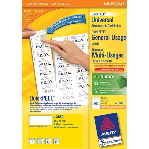 Avery Universaletikett QuickPEEL, Adressetiketten, weiß, 48x21mm, 5200 Stück Artikelbild
