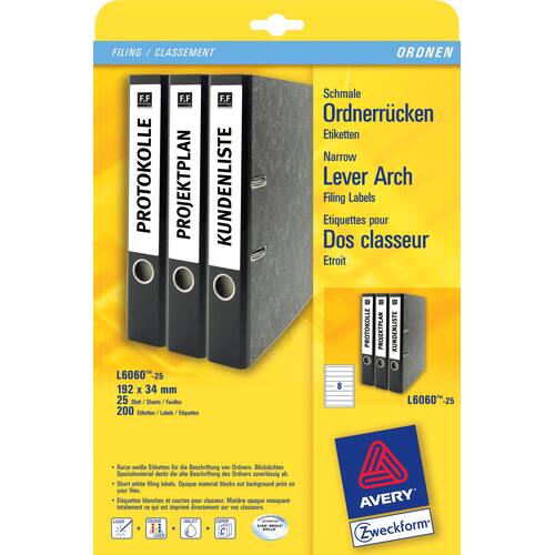 AVERY Zweckform Inkjet-, Laser- und Kopieretiketten L6060-25, Rückenschilder-Etiketten, Ordnerrücken-Etiketten, mit ultragrip, A4-Bogen, schmal/kurz, weiß, 192 x 34 mm, 30 Blatt, 240 Etiketten Artikelbild