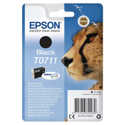 Epson Bläckpatron T0711, C13T07114012, Cheetath, DURABrite Ultra-bläck, svart, singelförpackning produktfoto