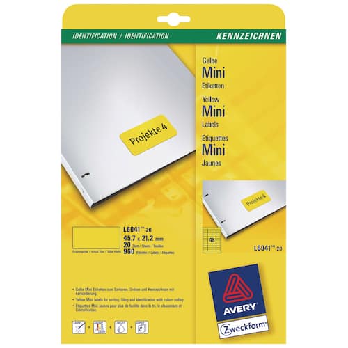 Avery Inkjet-, Laser- und Kopieretiketten, Nr. L6041, A4-Bogen, gelb, 45,7x21,2mm, 960 Stück Artikelbild