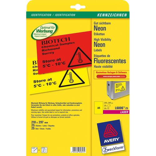 Avery Etiketten für Laserdrucker und Kopierer, 25 Blatt, A4, neongelb, 210x297mm, 25 Stück Artikelbild